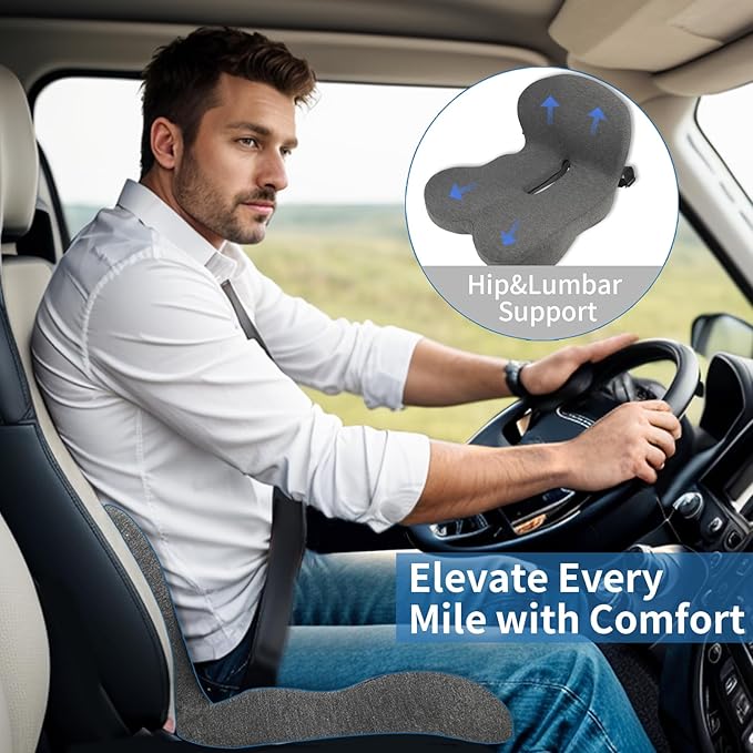 Memory Foam Seat Cushion,Office Chair Cushion with Lumbar Support for Back Pressure Relief, Car Seat Cushion with Adjustable Strap,Sciatica Pad Cushions for Car,Truck, Desk,Gaming Chair