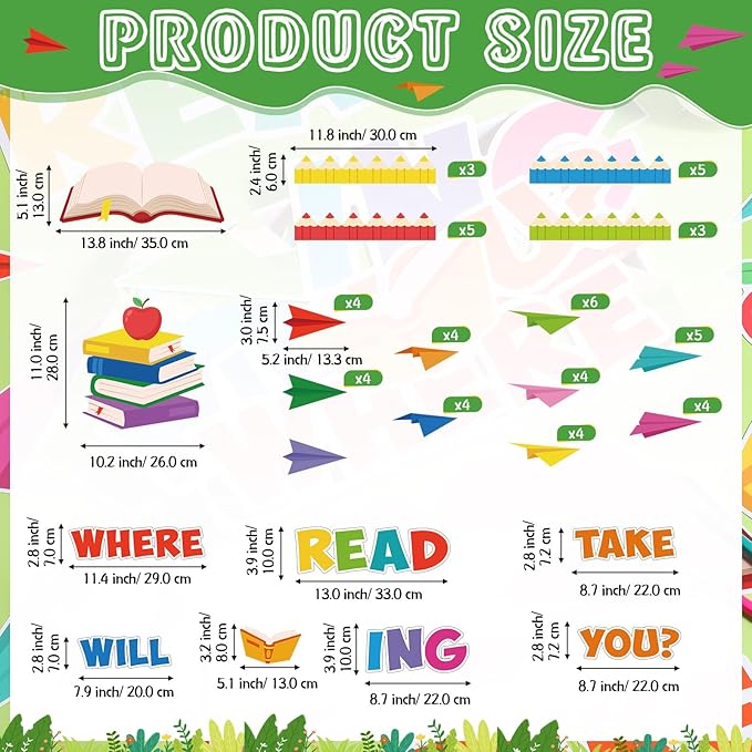 Pasimy Reading Bulletin Board Decorations Paper Airplane Classroom Decor Back to School Library Bulletin Board Set Colorful Book Pencil Paper Plane Cutouts for Summer Home Office Wall Door Supplies