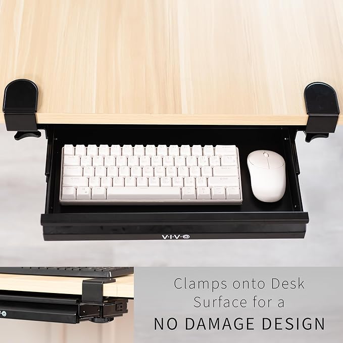 VIVO 16 inch Clamp-on Sliding Pull-out Under Table Drawer for Office Desk, Shallow Storage Organizer for Sit Stand Workstation, Black, DESK-DR2C