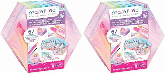 Make It Real: Creative Heart Art Set - 68pc Supplies Kit, Hexagon Stacked Trays Studio, Watercolors-Color Pencils-Markers-Stickers, Tween-Girl-Kids 6+ (Pack of 2)