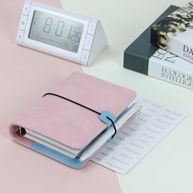 A7 Binder Refillable Planner Notebook 6 Ring, Portable Leather Organizer with Zippered Pocket, To-Do & Blank Refill Papers, Dividers, Monthly Sticker, Pen, for Students, Professionals, Travel (Sky Blue & Pink)