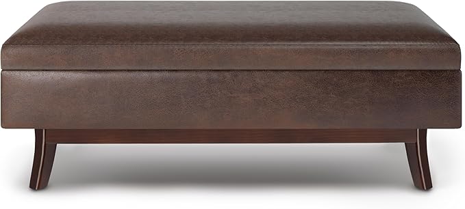 SIMPLIHOME Owen Rectangular Storage Ottoman - 48 inch Wide Upholstered Vegan Leather Lift-Top Ottoman in Distressed Chestnut Brown, Mid-Century Modern Ottoman for Living Room with Tufted Detail