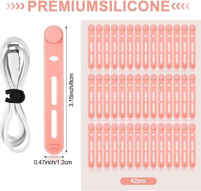 42 Pcs Silicone Cable Ties Reusable Cord Straps Multipurpose Elastic Cable Organizer for Bundling Fastening Earphone Phone Charger Home Office School (Pink,3.15 Inch)