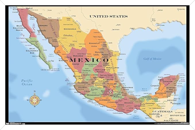 Trends International Map - Mexico Wall Poster, 22.375" x 34", White Framed Version