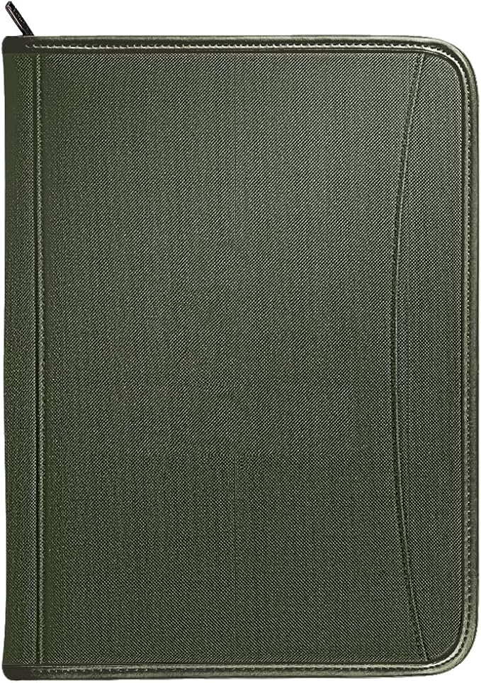 Zippered Portfolio Organizer/ A4 Refillable Lined Writing Notepad Folder Case/Fabric-Covered Padfolio Binder with Interior Storage Pocket for Men Women.Dark Olive