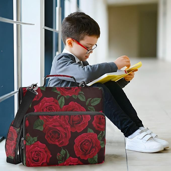 Red Rose Black Roses Zipper Binder Bag 3 Ring Binder with Shoulder Strap Zip Up 500 Sheets Capacity Multi Pockets for School Office Supplies