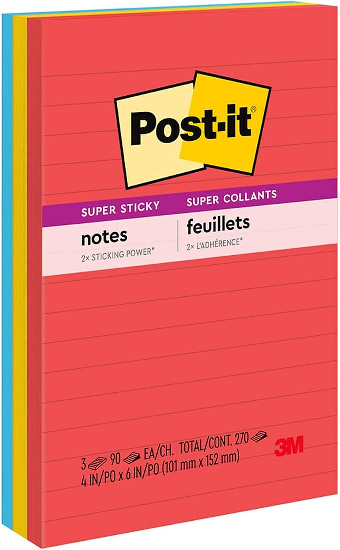 Super Sticky Note Pad, 3 90-Sheet Pads/Pack