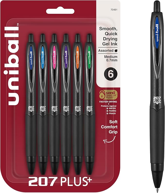uniball™ 207 Plus+ Retractable Gel Pens, Medium Point (0.7mm), Assorted, 6 Pack