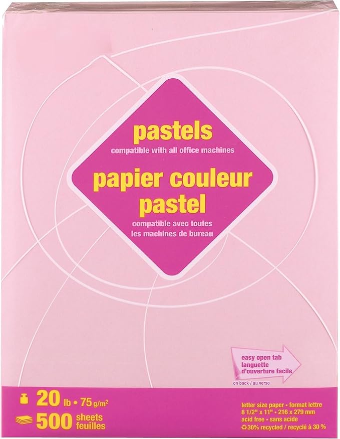 Staples Pastel Colored Copy Paper - 20 lbs, Pink, 8.5" x 11", Ream of 500 Sheets, Recycled, Acid-Free, Multipurpose Paper