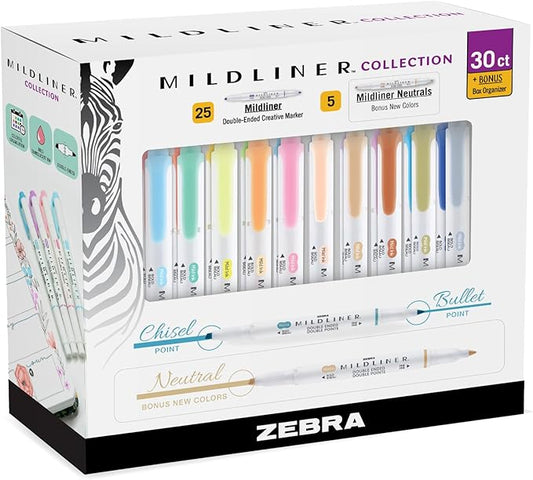 Zebra Pen Mildliner Double-Ended Highlighter Set, Broad and Fine Point Tips, Ideal for Bible Highlighting, No Bleed, 30 Pastel and Neutral ink Colors, Pack of 30