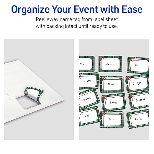 Avery Printable Christmas Adhesive Name Badges, Rectangle, 2-1/3" x 3-3/8", Pre-Printed Green & Metallic Silver Plaid with Red Bow Design, Matte White, Laser & Inkjet Compatible, 80 Total