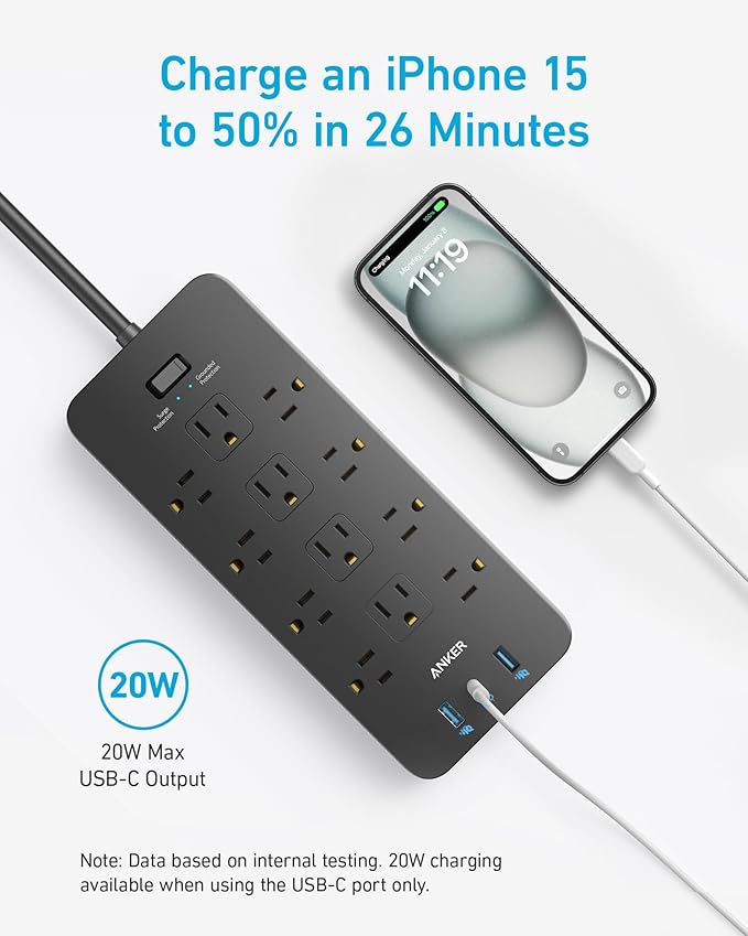 Anker Power Strip with 3 USB Ports, Surge Protector (2100J-10ft), 12 Outlets, 2 USB-A Ports and 1 USB-C Port, Works with iPhone 16/16 Plus/16 Pro/16 Pro Max, for Home, Office, TUV Listed (Pack of 2)