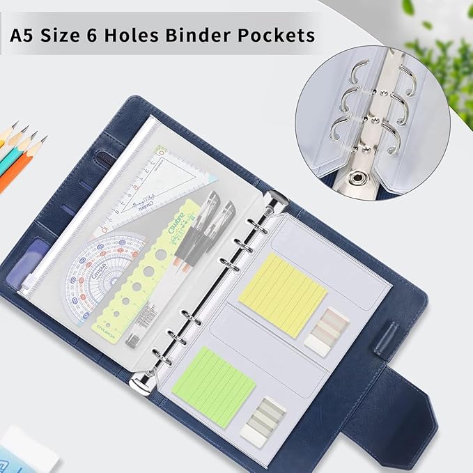 Binder Pockets, 15pcs A5 Size 6 Holes Binder Pockets, [Waterproof PVC Pouch] Premium Clear Binder Zipper Folders Document Filing Bags for 6-Ring Notebook Binder Loose Leaf Bags,-Clear
