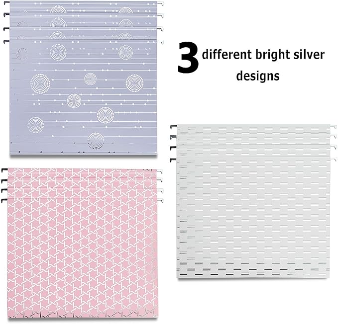 Y YOMA 12 Pack Decorative Hanging File Folders Letter Size File Folder Cute Pretty Hanging Folder Organizer for Filing Cabinet Office Home Desktop with 1/5-Cut Adjustable Tabs, 3 Silver Foil Design
