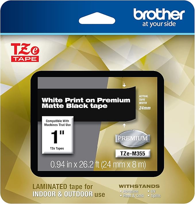 Brother P-touch TZe-M355 White Print on Premium Matte Black Laminated Tape 24mm (0.94”) wide x 8m (26.2’) long
