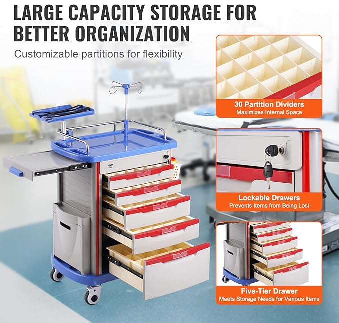 VEVOR Medical Crash Cart, Nursing Emergency Rolling Cart with 5 Drawers & 4 Silent Wheels, Adjust IV Pole, Needle Disposal Holder, Trash Bin, O2 Holder, Mobile Trolley for Hospital, Clinic, Lab, Salon