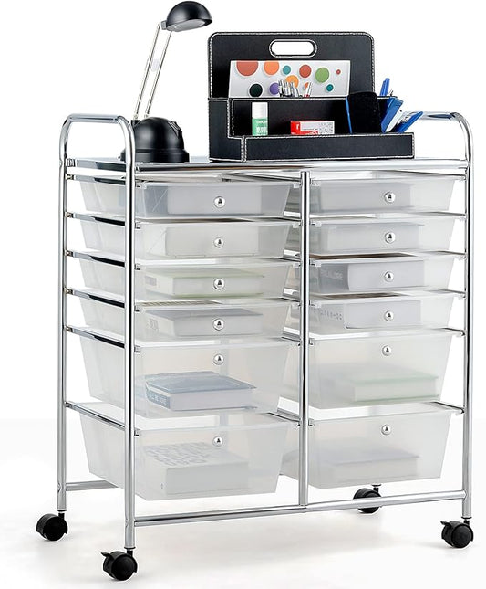 COSTWAY 12-Drawer Rolling Storage Cart, Moveable Art Craft Organizer W/Lockable Wheels, Metal Shelf, Files Arrangement Tools Makeup Storage Cart for Office, Home, School (Clear)
