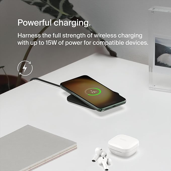 Belkin 15W Wireless Charger Qi-Certified, Non-Magnetic Easy Align Fast Wireless Charging Pad, Compact Charger for Apple iPhone, Samsung Galaxy, AirPods Pro, and Other Qi-Enabled Devices