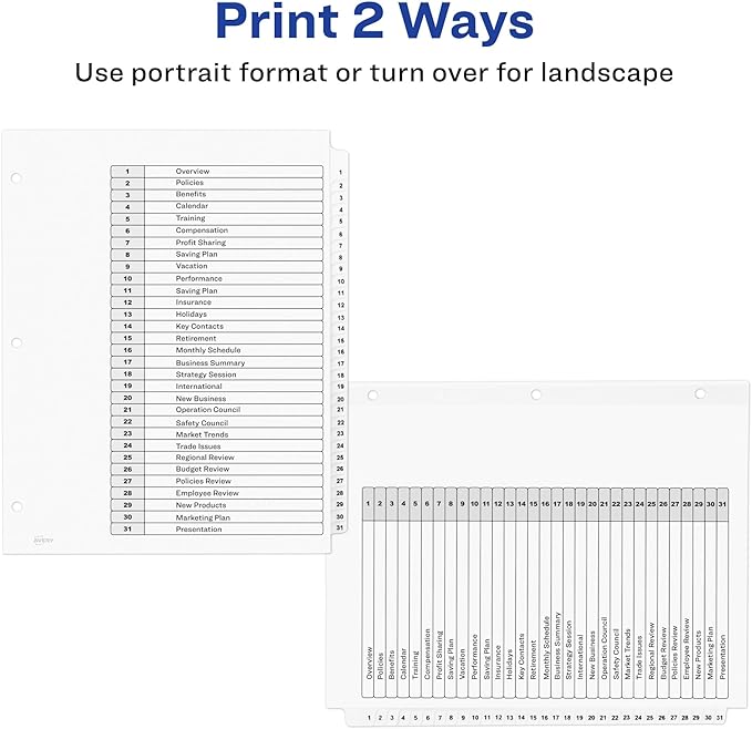 Avery 1-31 Dividers for 3 Ring Binders, 31 Tabs per Set, Customizable Table of Contents, Classic White Tabs, Great for Organizing Reports, Projects, and More (11128)