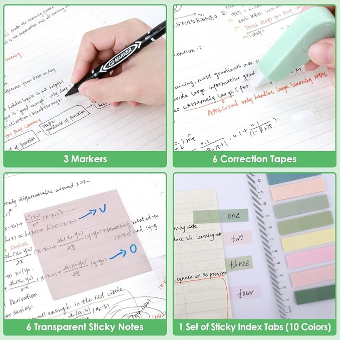 54 PCS Aesthetic School Supplies, Stationery Essentials Set with Large Pen Case, Mechanical Pencils & Gel Pens with Refills, Markers, Erasers, Highlighters, Sticky Notes, Correction Tapes (Green)