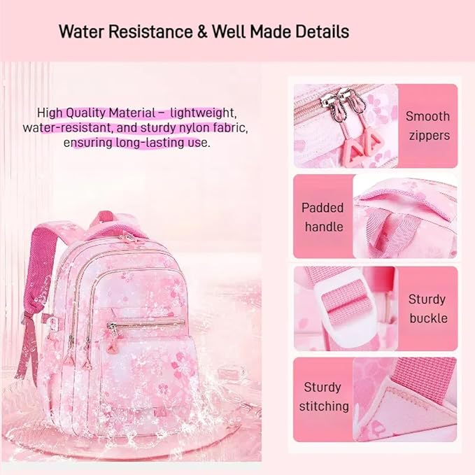 3Pcs Set Backpacks for Girls Teen, Cute Flowers School Bag Girls Bookbags with Lunch Box Pencil Bag, Multi-Pockets Kids Backpack for Elementary & Middle School, Pink