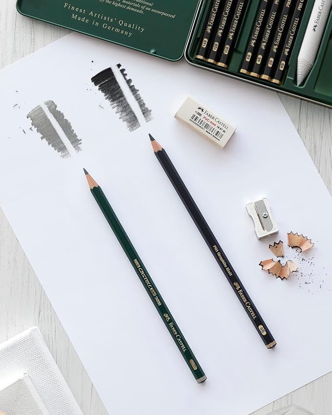 Faber-Castell Pitt Graphite Matte Pencil Set, Sketching Set of 4 Graphite Pencils and Supplies (2B, 6B, 10B, 14B), Sketching and Drawing Pencils, Pencil Sharpener and Eraser