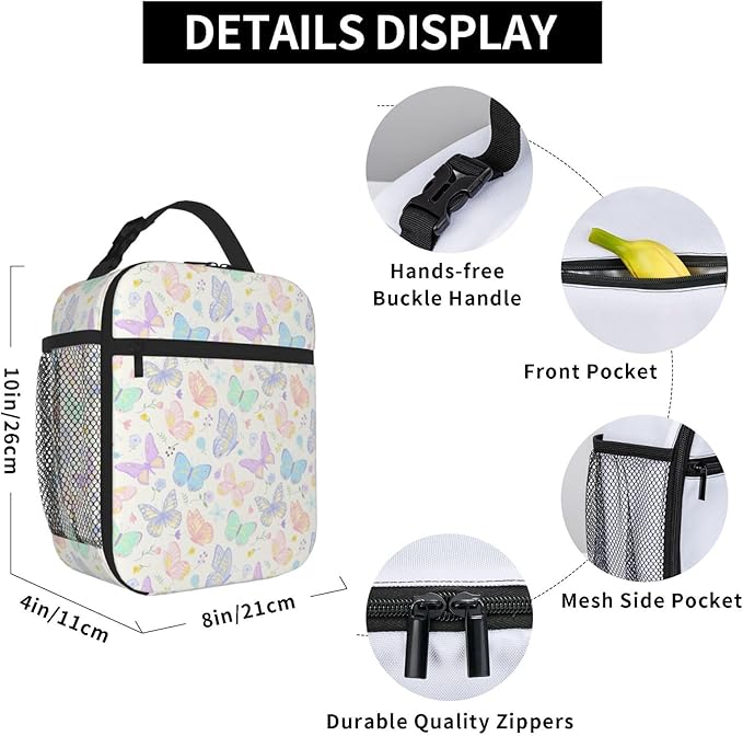 Watercolor Butterflies Insulated Lunch Bag,Kids Lunch Box For Girls Boys Teen,Kid Lunch Box Cooler Bag With Front Pocket For Women Men,Reusable Lunch Tote Bag Lunchbox For School/Work/Picnic/Office