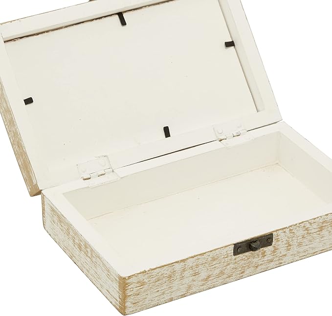 Deco 79 Mango Wood Floral Handmade Decorative Box Decorative Keepsake Boxes with Hinged Lid, Set of 3 Storage Boxes 8", 10", 12"W, White