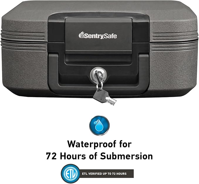 SentrySafe Dark Gray Fireproof and Waterproof Safe with Key Lock, Chest Lock Box with Carrying Handle for Travel, 0.28 Cubic Feet, 6.6 x 15.4 x 14.3 Inches, CFW20201