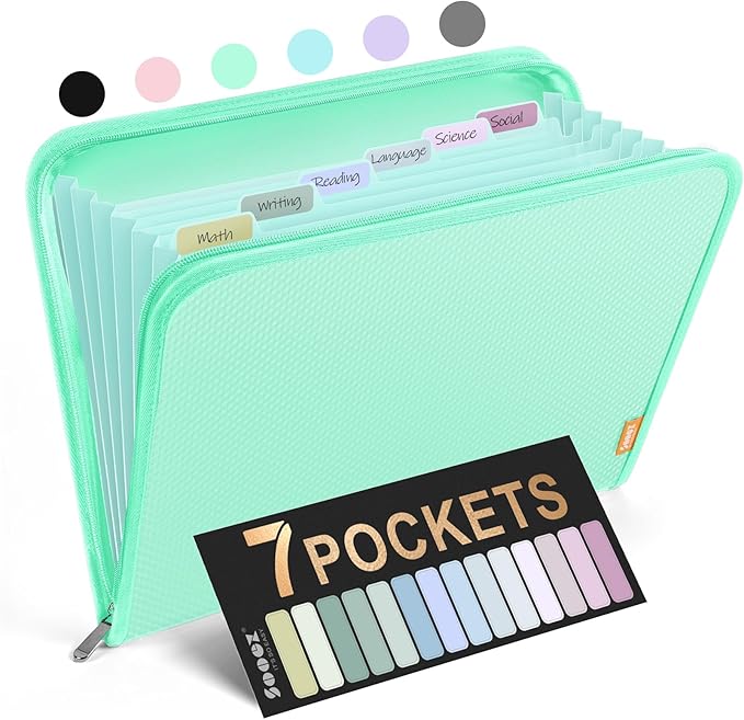 Sooez 7 Pockets Accordion File Organizer, Zipper Expanding File Folder, Heavy Duty Folder Organizer, Sleek Letter Size Accordion Folder, Portable Expandable File Folder for Documents, Green