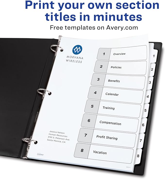 Avery Dividers for 3 Ring Binders, 8 Tabs per Set, Customizable Table of Contents, Classic White Tabs, Great for Organizing Reports, Projects, and More (11132)