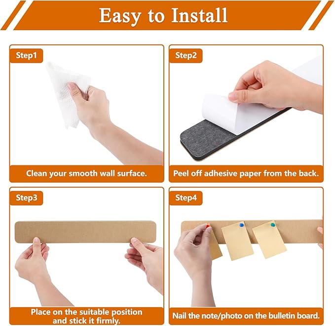 8Pcs Rectangle Felt Cork Board Bar Strips with 35 Pushpins, Self-Adhesive Bulletin Board Strips for Office School Home Wall Decor Stickers Memos Schedules Photos Display -Purple+Pink