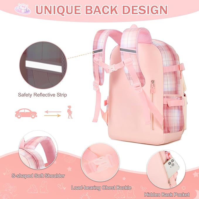 Girls Backpack Set, 3PCS Kids Backpack for Girls, Kawaii Bunny School Backpacks for Girl Kindergarten Elementary Preschool Middle School Bags with Lunch Box Pencil Case Pink-Plaid