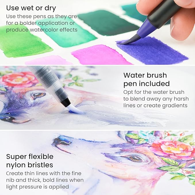 ARTEZA 12 Watercolor Pens for Artists, Magic Tones Real Brush Pens, Blendable Watercolor Markers for Adults
