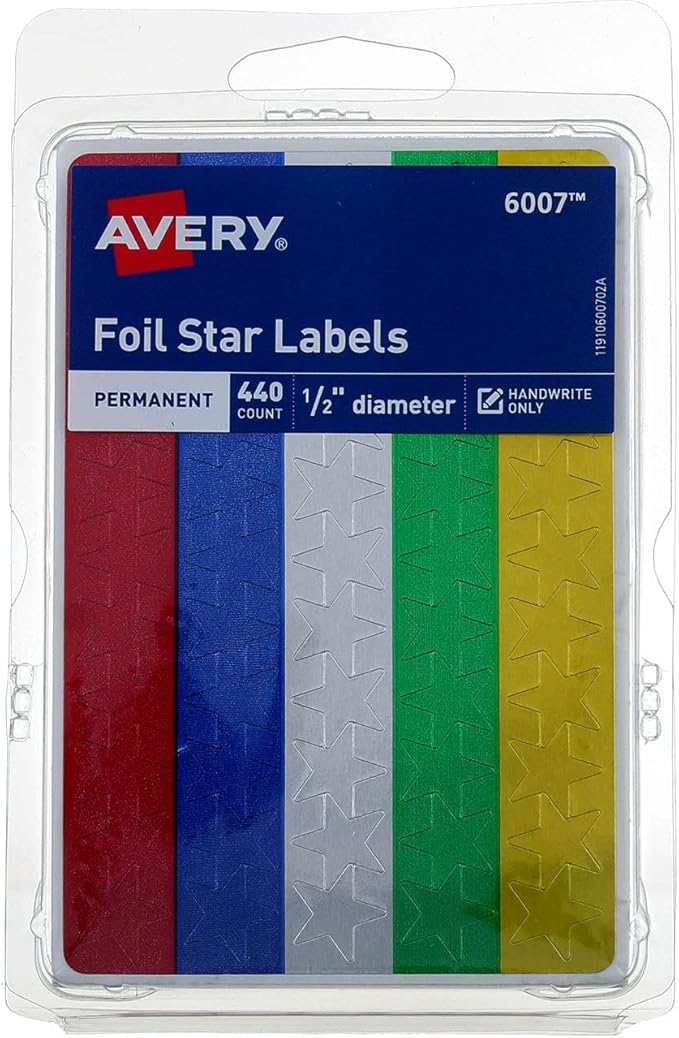 Avery Foil Star Stickers, 1/2" Diameter, Assorted Colors, 440 Reward Stickers (6007) (3)