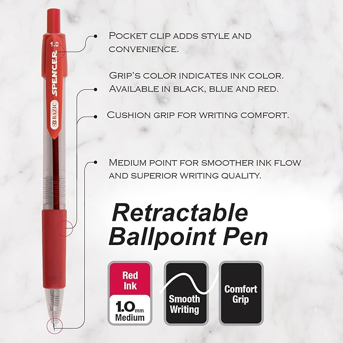 BAZIC PRODUCTS Gel Pens, Spencer Retractable Gel Pen, 1.0 mm Bold Tip for Smooth Writing for Office, School, or Teacher Use, Premium Writing Pens 5/Pack, 144-Packs