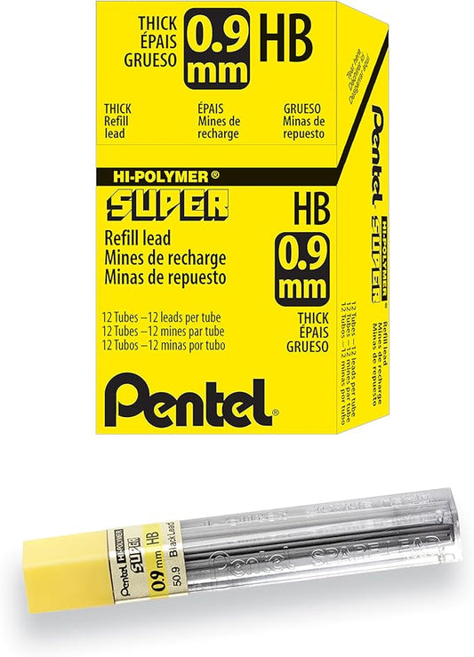 Pentel Super Hi-Polymer Lead Refill, (0.9mm) Thick, HB, 180 Pieces of Lead, 12 Tubes of Lead (50-9-HB)