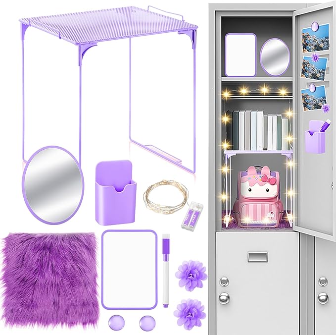 Patelai 11 Pcs Locker Accessories Kit Included Locker Shelf Magnetic Mirror Pen Holder Whiteboard Marker Faux Fur Rug Light String and Magnet for Back to School Essentials (Purple)