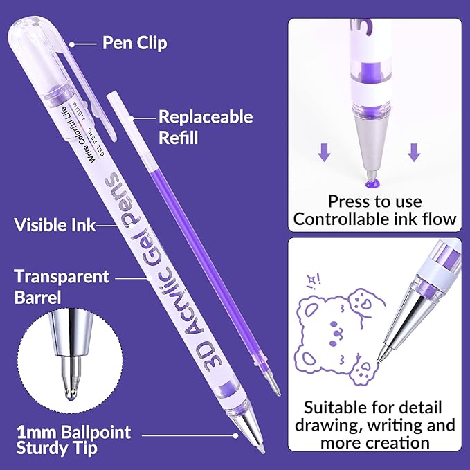 3D Acrylic Gel Pen,36 Colors Gel Pens With 1mm Bullet Tip Point, Acrylic Paint Pens for Black Paper,Rock Painting, Glass, Wood, Fabric,Cards,Scrapbook,DIY Art Crafts