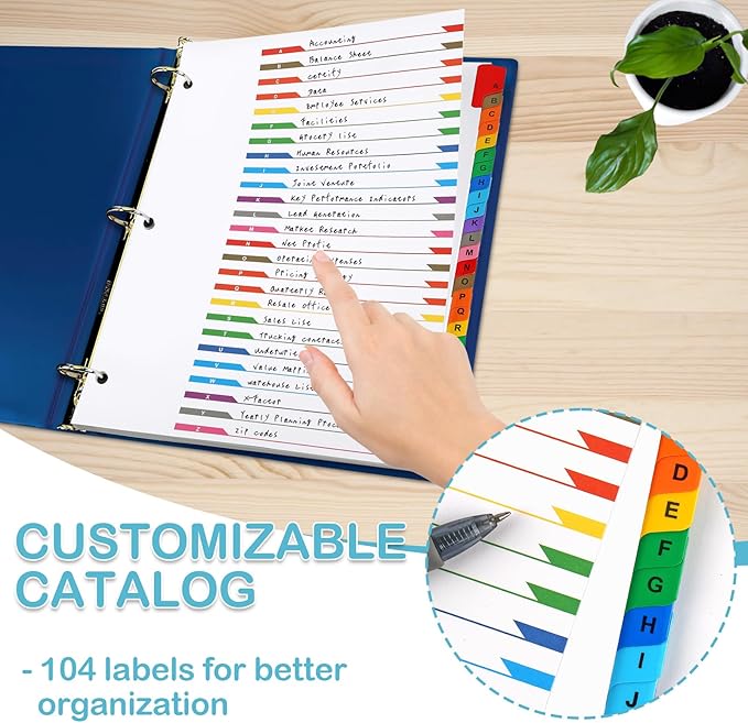 Alphabet Binder Dividers for 3 Ring Binder, COIDEA A-Z Dividers for 3 Ring Binder, Multicolor A-Z Binder Dividers with Customizable Table of Contents Page, ABC Alphabet Tabs for School Office (104)