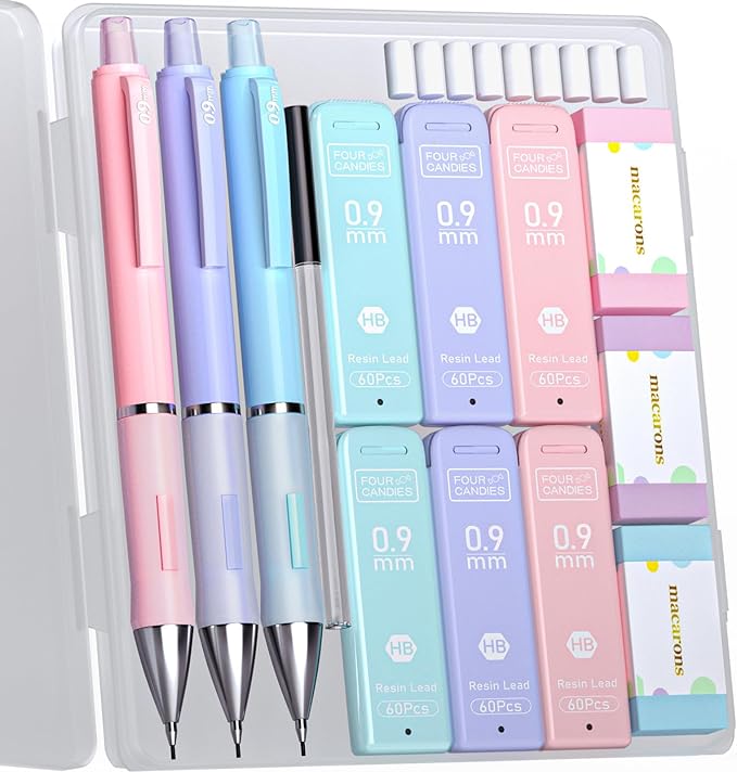 Four Candies Cute Mechanical Pencils 0.9 mm, Pencil Set with 360PCS Lead Refills & Pastel Erasers, School Supplies with Case