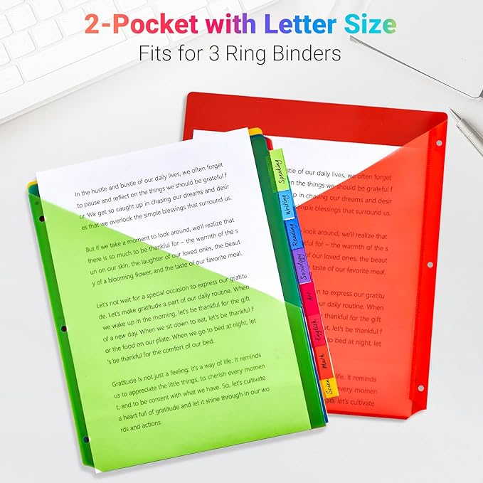 8-Tab Dividers for 3-Ring Binders, 16 Counts 3 Holes Index Dividers with 2 Pockets, Insertable 8 Tabs Binder Divider for 1/2''/1''/2''/3'' inch Binders, 8 Colors (2)