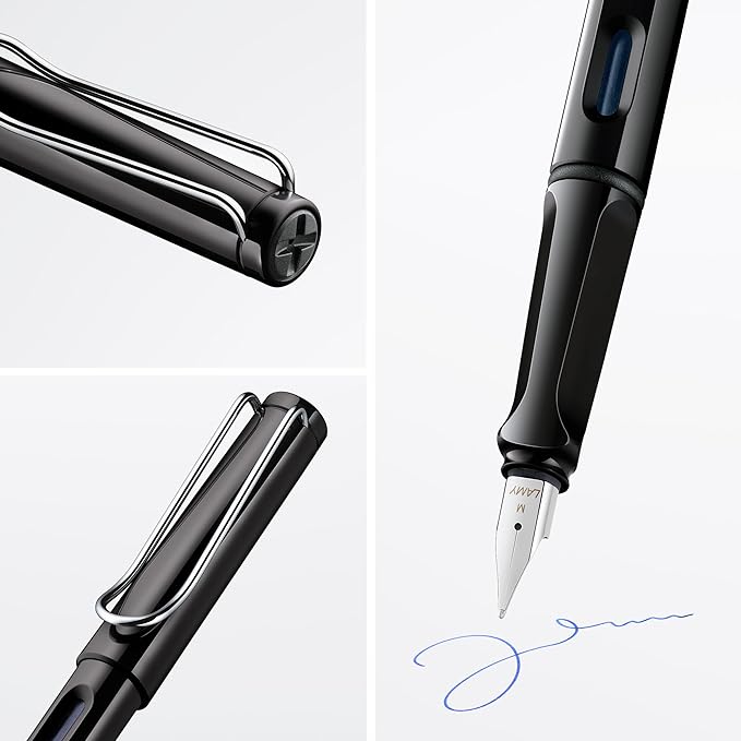 LAMY safari black - Fountain Pen with ergonomic grip & polished steel nib in size B - ideal for any Writing & Calligraphy - including LAMY T 10 blue cartridge - Right-Handed