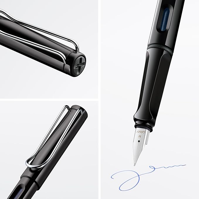 LAMY safari black - Fountain Pen with ergonomic grip & polished steel nib in size M - ideal for any Writing & Calligraphy - including LAMY T 10 blue cartridge - Right-Handed
