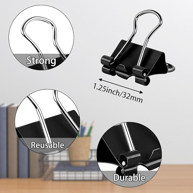 SANNIX 36 PCS Medium Binder Clips, 1-1/4 inch 32mm Binder Clips Black Paper Clamps Medium Size for Office Home School
