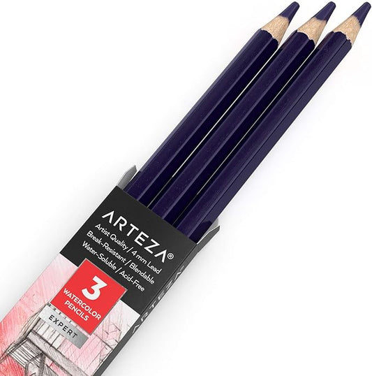 ARTEZA Professional Watercolor Pencils, Pack of 3, A417 Royal Purple, Water-Soluble Pencils for Coloring, Blending, Layering & Watercolor Techniques