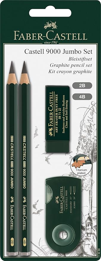 Faber-Castell 9000 Jumbo Graphite Pencil Set - 2 Graphite Sketch Pencils (2B, 4B), Double Hole Pencil Sharpener, Dust Free Art Eraser - Graphite Pencils for Drawing, Sketching and Shading
