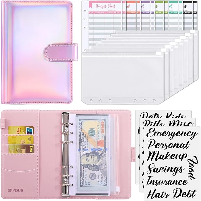 SKYDUE Budget Binder with Cash Envelopes, Purple, A6 Size, 6-Hole, 20-Page Capacity, 8 Dividers, Faux Leather