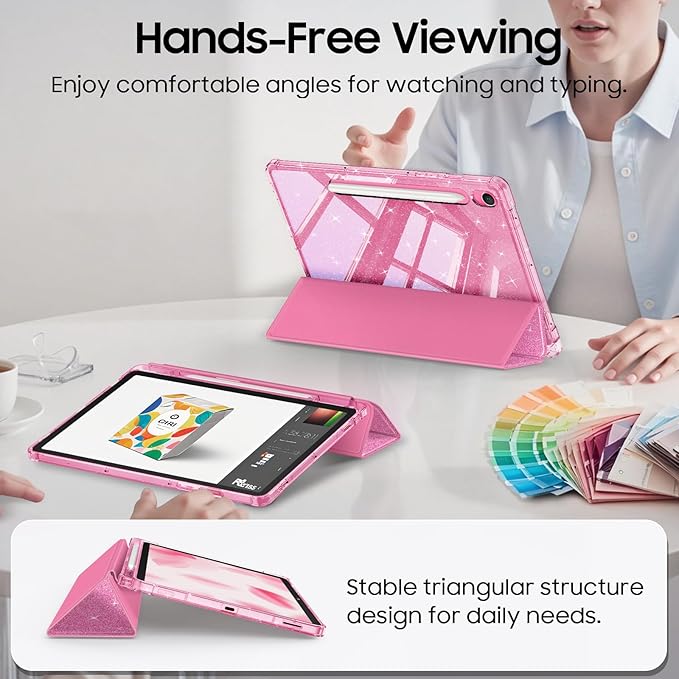 Fintie Slim Case for Samsung Galaxy Tab S10 Lite/ S10 FE/ S9 FE 5G 10.9 Inch/Tab S9 11 Inch with S Pen Holder, Glittering Sparkly Shockproof Cover with Shiny Clear Back Shell, Auto Wake/Sleep, Pink