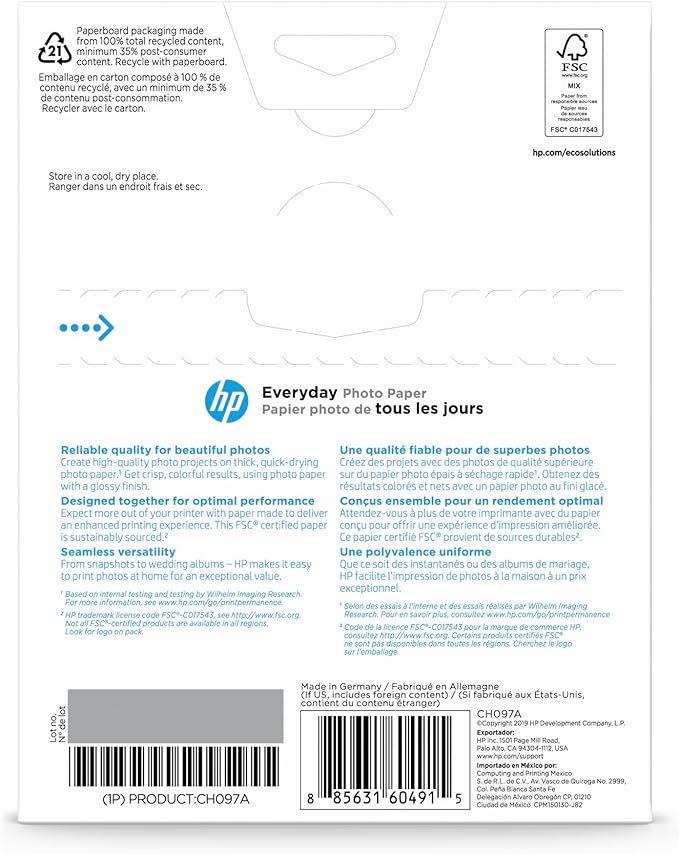 HP Everyday Photo Paper - Designed for HP Inkjet Printers, Glossy, 5x7 in, 60 sheets (CH097A)